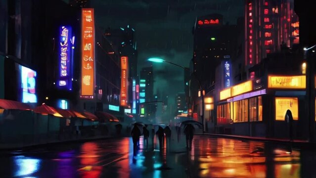 Neon City Street at Night with Rain Reflections and People Walking