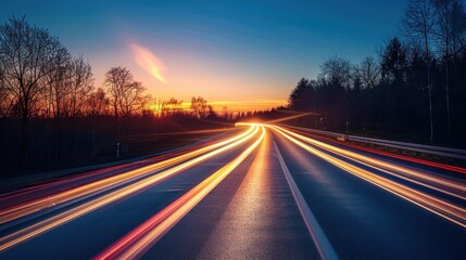 Countryside asphalt road in motion with trees against a night sky
