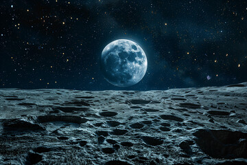 Moon and Earth. Moon with craters in deep black space. Moonwalk. Earth at night.