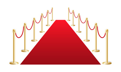 Red vip carpet with fencing gold bollards. Security luxury barrier with rope at solemn ceremonies and vector events