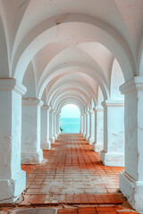 Naklejka premium A delightful architectural tunnel of white columns. Archway. Ancient arches architecture detail of old building