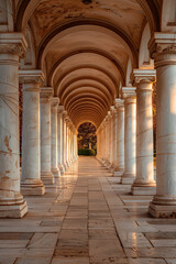A delightful architectural tunnel of white columns. Archway. Ancient arches architecture detail of old building