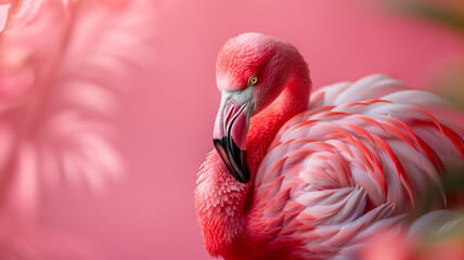 Flamingo close up on light pink background