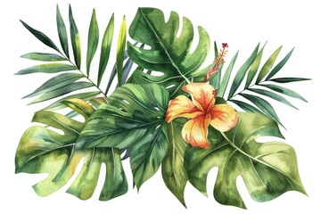 Obraz premium Colorful watercolor painting of tropical leaves and flowers, perfect for adding a touch of nature to any project