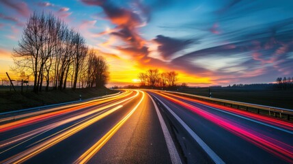 Fototapeta premium Countryside asphalt road in motion with trees against a night sky