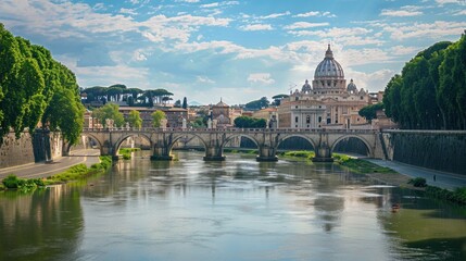 Fototapeta premium Daily view of San Pietro, Saint Peter basilica, with Sant'Angelo bridge