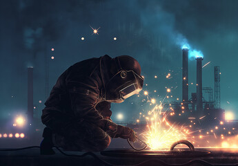 A man is welding with a bright blue flame. Concept of danger and excitement, as the sparks and heat from the welding process can be intense and potentially harmful