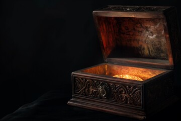 An antique, ornately carved wooden box, slightly ajar to reveal a hint of a mysterious glowing light within, placed against a solid dark background.