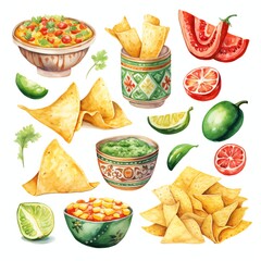 Random assortment of Cinco de Mayo icons in watercolor style, colorful mix of Mexican flags, chips, and guacamole on white