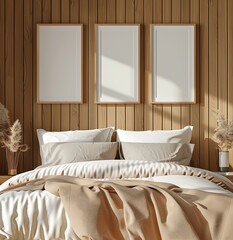 3 empty vertical picture frames on wall in bedroom, wooden panel walls, beige bed sheets and white pillows. The concept of interior design