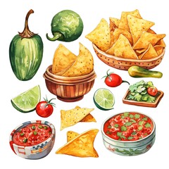 Random assortment of Cinco de Mayo icons in watercolor style, colorful mix of Mexican flags, chips, and guacamole on white