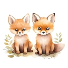 Fox couple. Beautiful foxes. Baby fox clipart. Watercolor illustration. Generative AI. Detailed illustration.