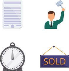 Auction process icons set cartoon vector. Buying and selling lot at auction. Public sale, bidding