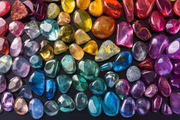 An array of polished, colorful gemstones, each reflecting the light in a unique way, arranged in a gradient against a solid dark background.