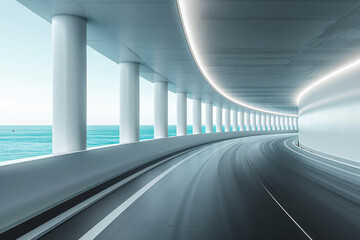 Empty highway by the lake,The car passes through the winding corridor.