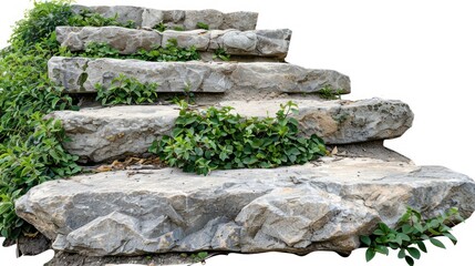 Cut out stairs made of large stone steps. Staircase lined with green plants for landscaping