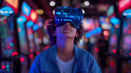 Teenage boy immersed in virtual reality, neon arcade background.