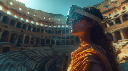 Woman in ancient Roman attire using futuristic VR technology in Colosseum.