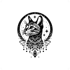 Bengal cat silhouette in bohemian, boho, nature illustration