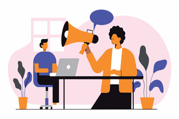 A woman presents with a megaphone to a seated man by a computer