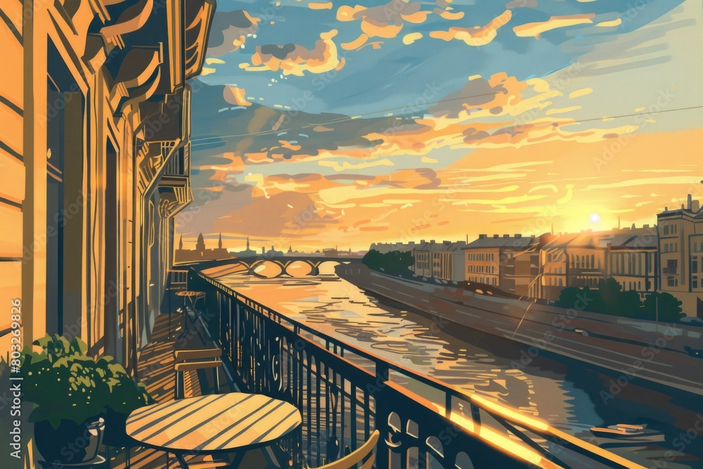 Poster a painting of a balcony with a view of a serene river. suitable for travel and relaxation concepts