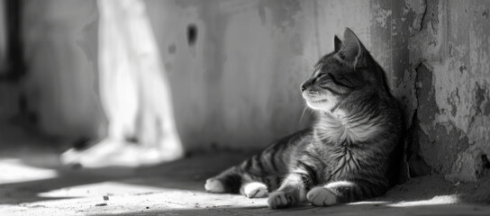 A black and white photo of a cat laying on the ground. Suitable for pet-related designs