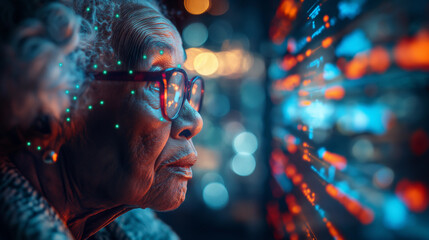 Elderly woman interacting with glowing digital interfaces, futuristic concept.