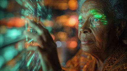 Aged woman with digital enhancements looking at futuristic display, intense gaze.