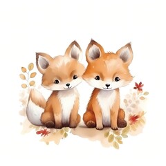 Fox couple. Beautiful foxes. Baby fox clipart. Watercolor illustration. Generative AI. Detailed illustration.