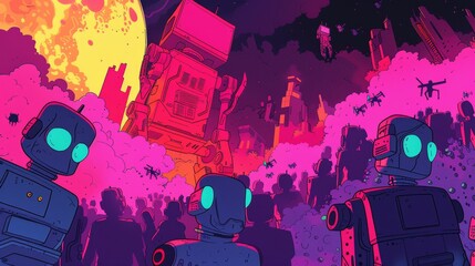 Futuristic cityscape with giant robots and mesmerized crowd under a pink sky