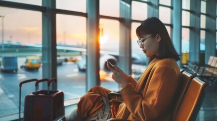 A young woman sits in an airport terminal, waiting for her flight. She is wearing a yellow coat and glasses, and she is looking at her phone. - Powered by Adobe