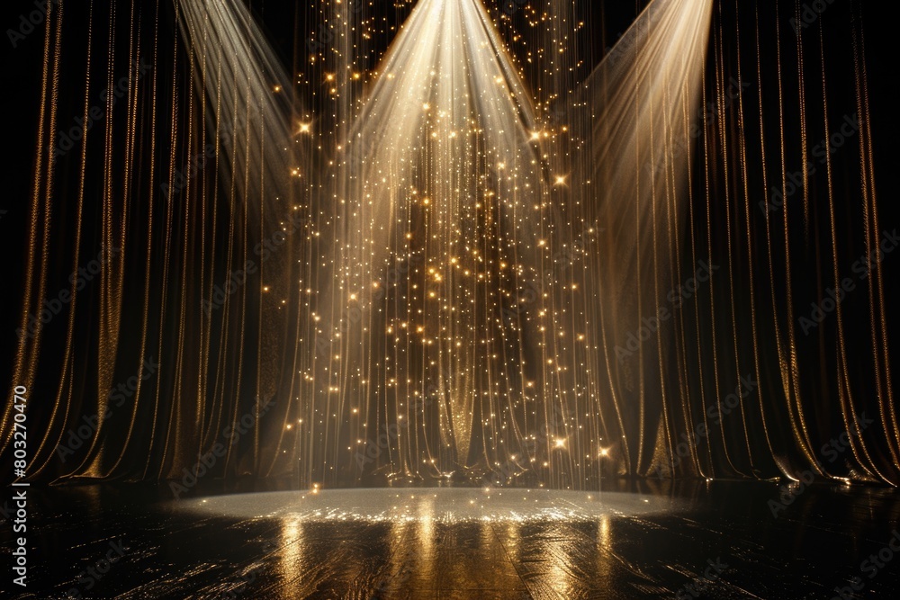 Poster a stage with bright lights shining from the ceiling. perfect for event or performance backgrounds
