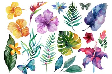 Colorful watercolor tropical flowers and leaves set, perfect for botanical designs