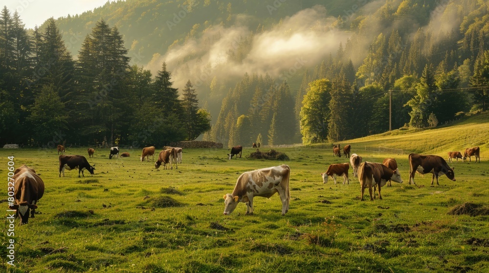 Poster a herd of cattle grazing on a lush green field. suitable for agricultural and farming concepts