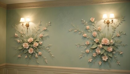 decorative texture of plaster walls with volumetric decorative flowers.