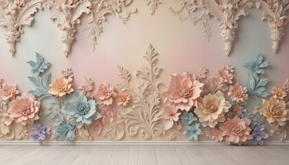 decorative texture of plaster walls with volumetric decorative flowers.