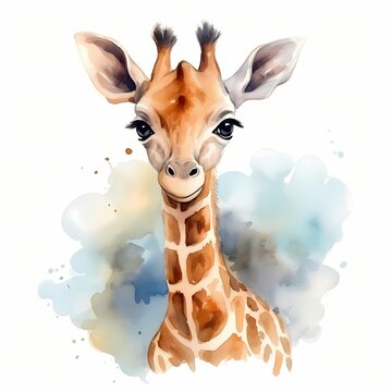 recommend clip art: Baby giraffe. Cute giraffe. Safari animal clipart. Watercolor illustration. Generative AI. Detailed illustration.