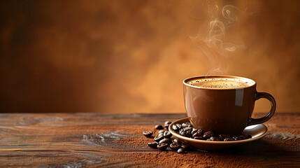 Warm Cup of Coffee on Brown Background,
Hot coffee cup with coffee beans