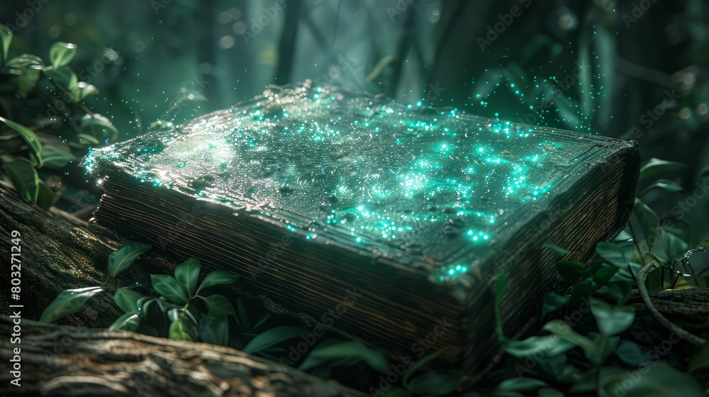 Poster A book is on a tree branch with a green glow
