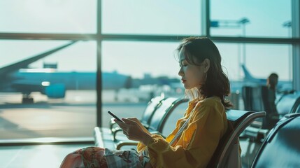 A young woman sits in an airport terminal, waiting for her flight. She is wearing a yellow shirt and floral skirt, and has her phone in her hand.