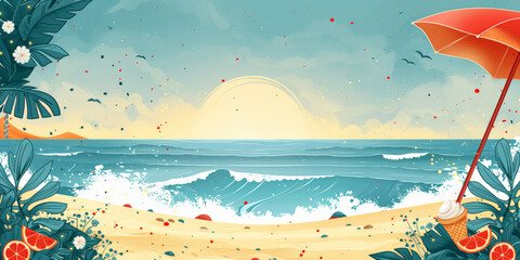 Illustrative summer beach scene with waves and umbrella, ideal for vacation and relaxation themes.