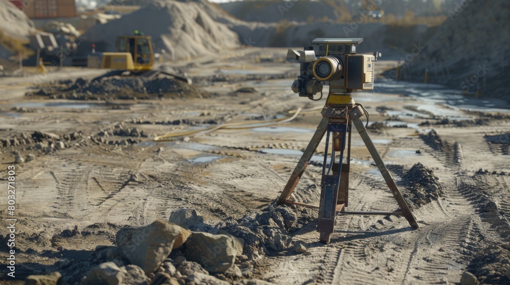 Poster a camera set up on a tripod at a busy construction site. ideal for construction industry projects