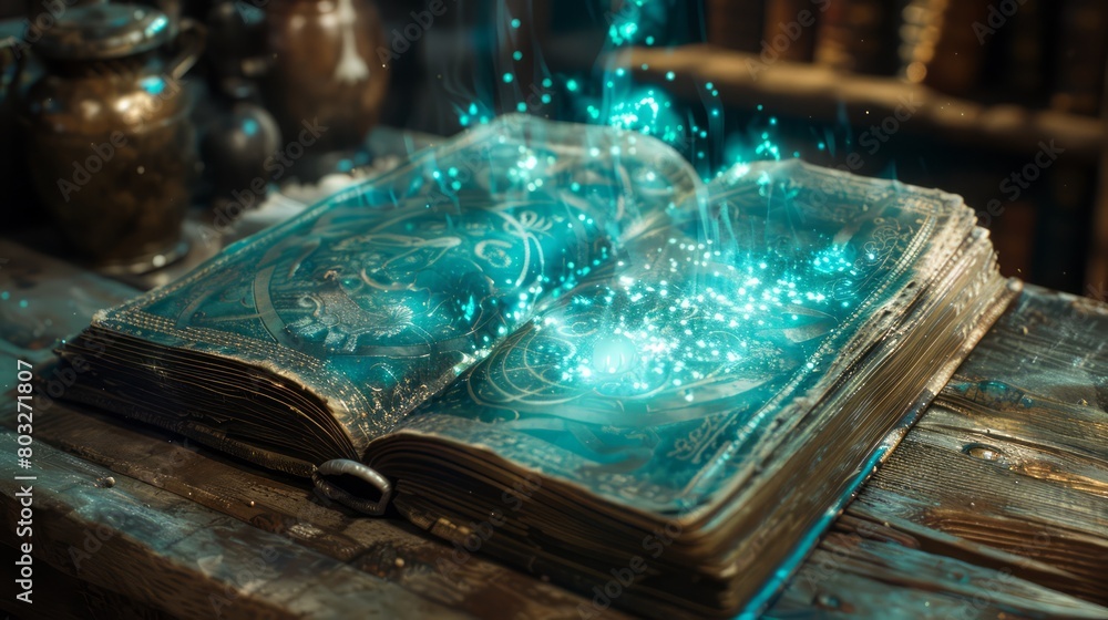 Poster a book with a blue cover and a blue page with a glowing light on it. the book appears to be a magica