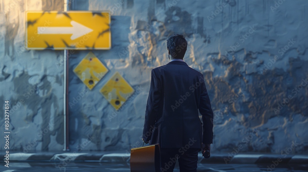 Poster a man in a suit with a briefcase looking at a street sign. ideal for business and urban concepts