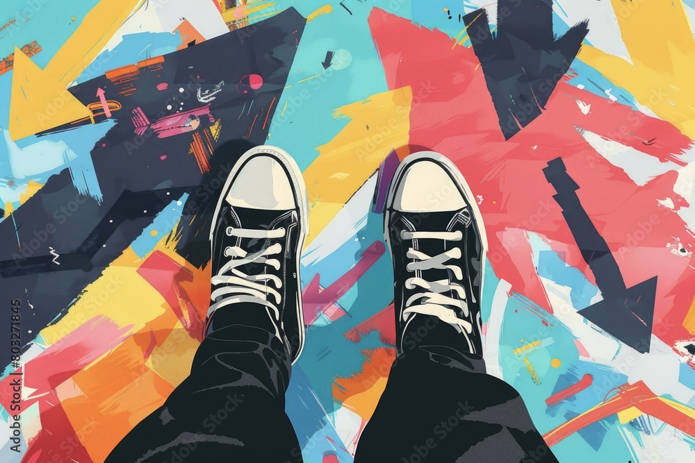 Poster person standing on top of a colorful floor. suitable for various design projects
