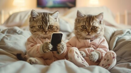 Two cute shorthair kittens wearing pajamas and holding phones in their hands, sitting on the bed watching TV 
