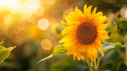 Beautiful sunflower in a field of sunflowers, with a warm glow of sunlight in the background