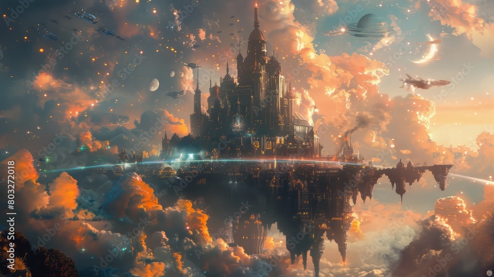 Poster A castle is floating in the sky with a lot of clouds. The castle is surrounded by a lot of space and has a lot of buildings