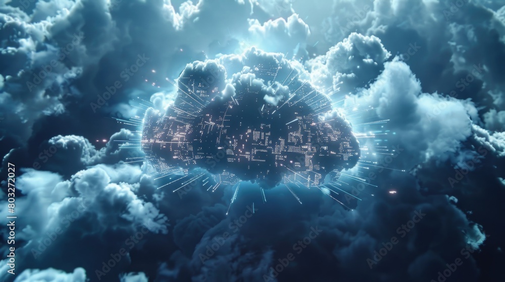 Poster a modern cityscape with clouds in the sky. perfect for technology or urban development concepts