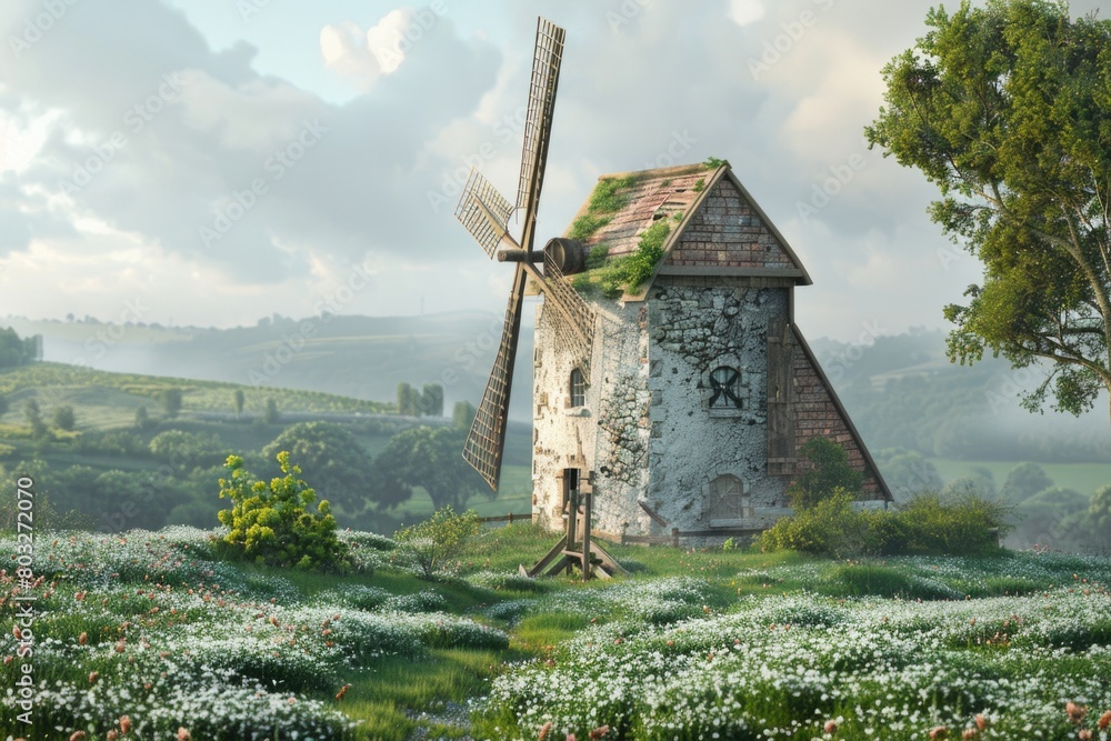 Poster windmill standing in colorful flower field. suitable for nature and agriculture concepts